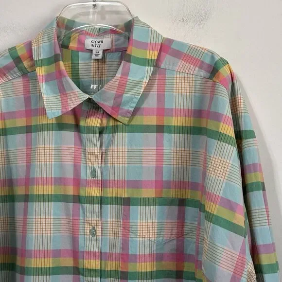 Crown & Ivy Top Blouse 2X Plus Roll Tab Sleeve Button Front‎ Easter Pastel NEW - Picture 3 of 10